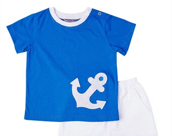 White & Navy Blue Anchor Applique Tee and Shorts