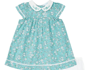 Turquoise & Ivory Embroidered Floral Dress And Diaper Cover