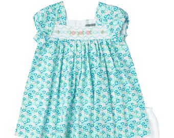 Aqua Floral Smocked Dress & Diaper Cover