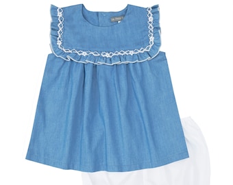 Azul y blanco smocked denim Ruffle Top y bloomers