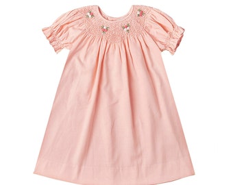 Navy Corduroy Geometric Smocked with Pearl Long Sleeve Bishop Dress