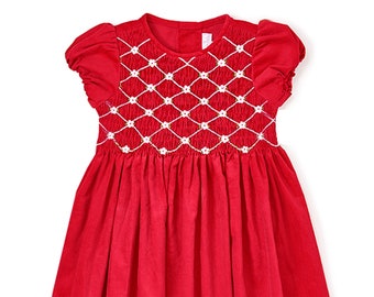 Hand Smocked diamond stich floral red  corduroy dress