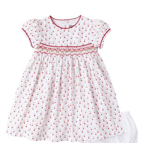 Red & White Strawberry Smocked Printed Popeline Dress