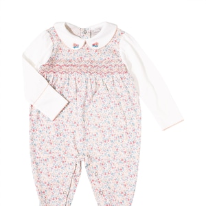 Pink Geblümter, gesmokter Jersey Footie (GRÖSSEN 0 M-9 M)