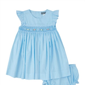 Blue Smocked Flutter Sleeve Dress + Bloomer (SIZES 3M, 24M, 2T-4T)