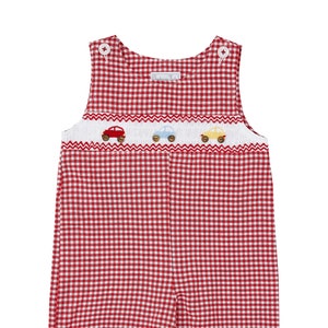 Czerwony samochód w kratkę gingham z haftem Jon Jons (ROZMIARY 3 M-24 M, 2T-4T)
