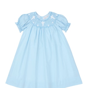 Blue & White Cross Smocked Bishop Dress