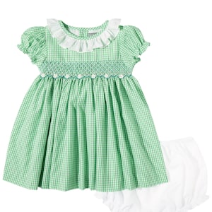 Green Gingham Ruffle Collar Smocked Dress + White Bloomers (SIZES 3M-12M, 2T, 4T)