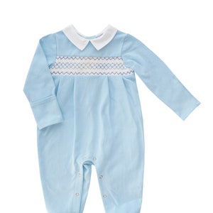 Smocked Interlock Blue & White Footie