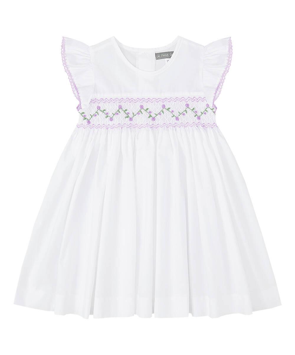 White and Lavender Smocked Angel Sleeve Dress (SIZES 3M, 6M, 12M, 24M, 2T-4T)