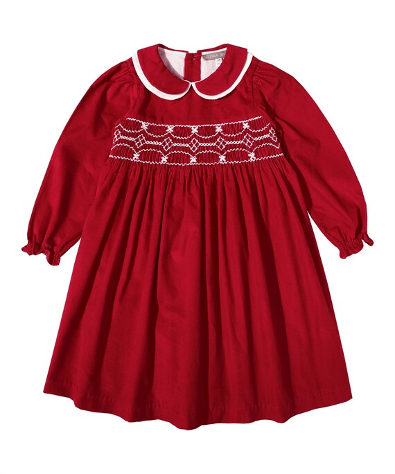 Red Smocked Corduroy Peter Pan Dress Etsy Canada