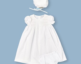 Smocked Cotton  Christening Dress & Bonnet