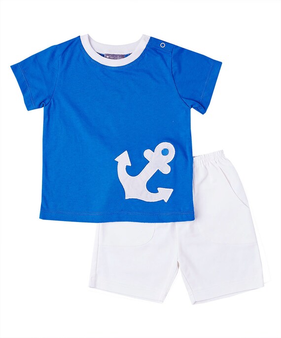 White \u0026 Navy Blue Anchor Applique Tee 