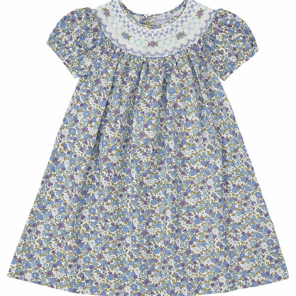 Purple Festive Hand Smocked Liberty Print Sash Back Dress main image 1