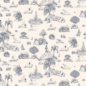 Yoga Toile Wallpaper: Blue on Cream, Removable Wall Decor