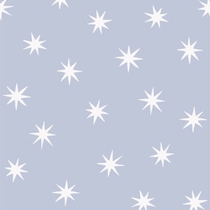 May include: A seamless pattern of white stars on a light blue background.