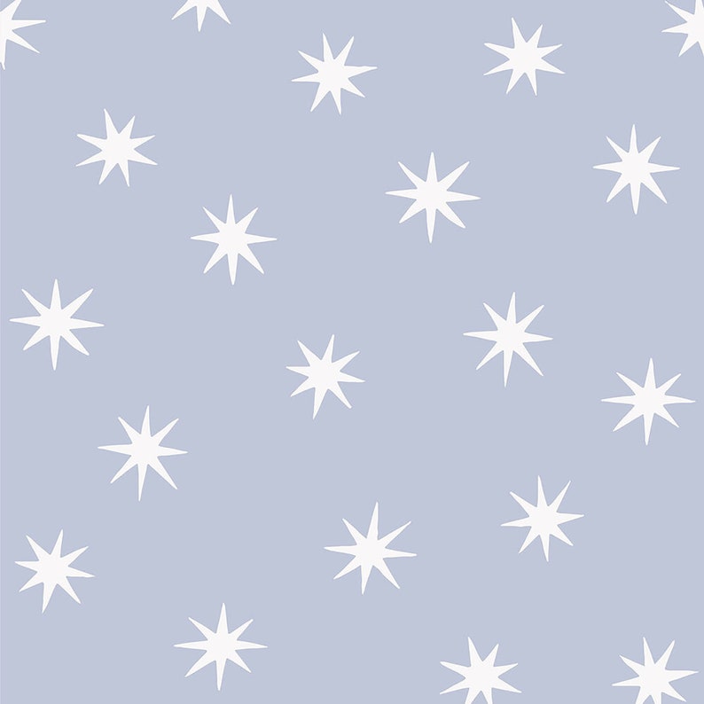 May include: A seamless pattern of white stars on a light blue background.