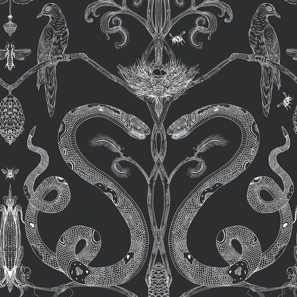 Snake Party Wallpaper: Black & White Removable Wall Decoration - Made in USA