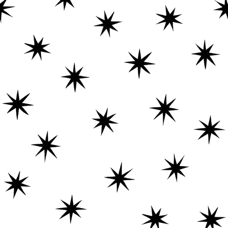 May include: A seamless pattern featuring black, eight-pointed stars on a white background.