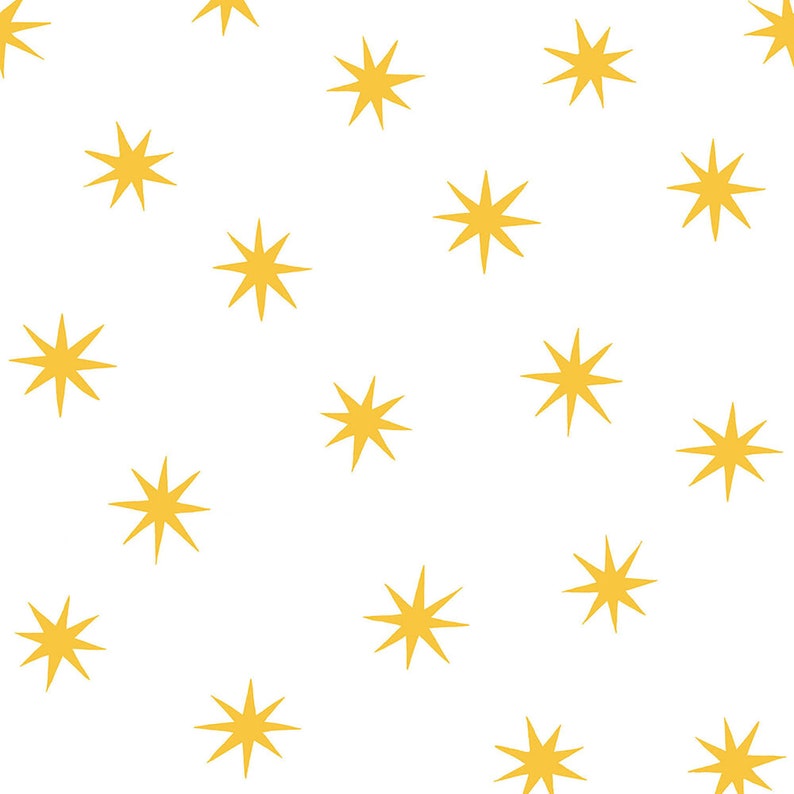 May include: A seamless pattern featuring a repeating design of yellow, eight-pointed stars on a white background.
