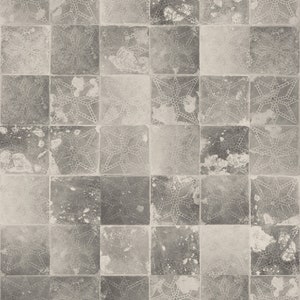 May include: A close-up of a tiled floor with a geometric pattern. The tiles are a light gray color with a faded, distressed look. The pattern is a repeating star shape.
