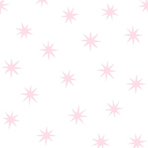 May include: A seamless pattern featuring a repeating design of pink stars on a white background.