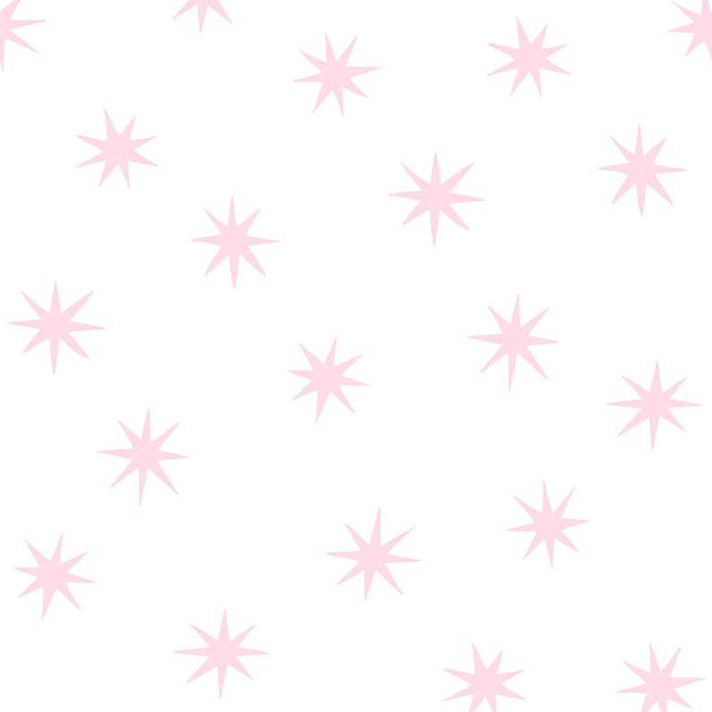 May include: A seamless pattern featuring a repeating design of pink stars on a white background.