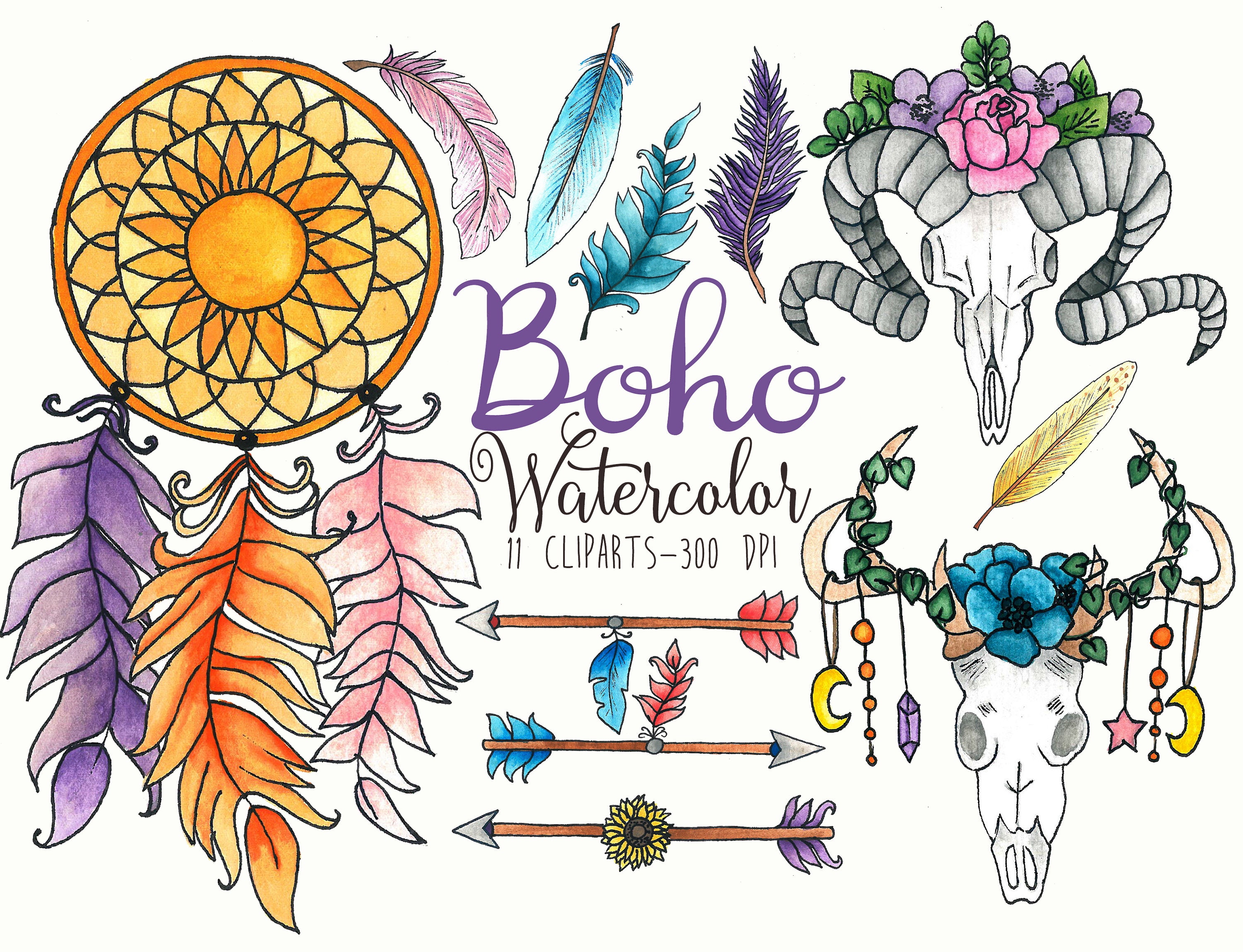 Watercolor Boho Feathers Clipart Boho Clipart Bohemian Clipart Etsy Uk ...