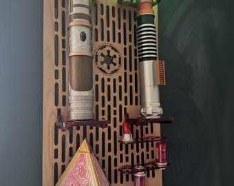 Double Acrylic/ Walnut Wood Lightsaber Stand For Lightsaber Display With Kyber Lightsaber Crystal & Holocron Mount