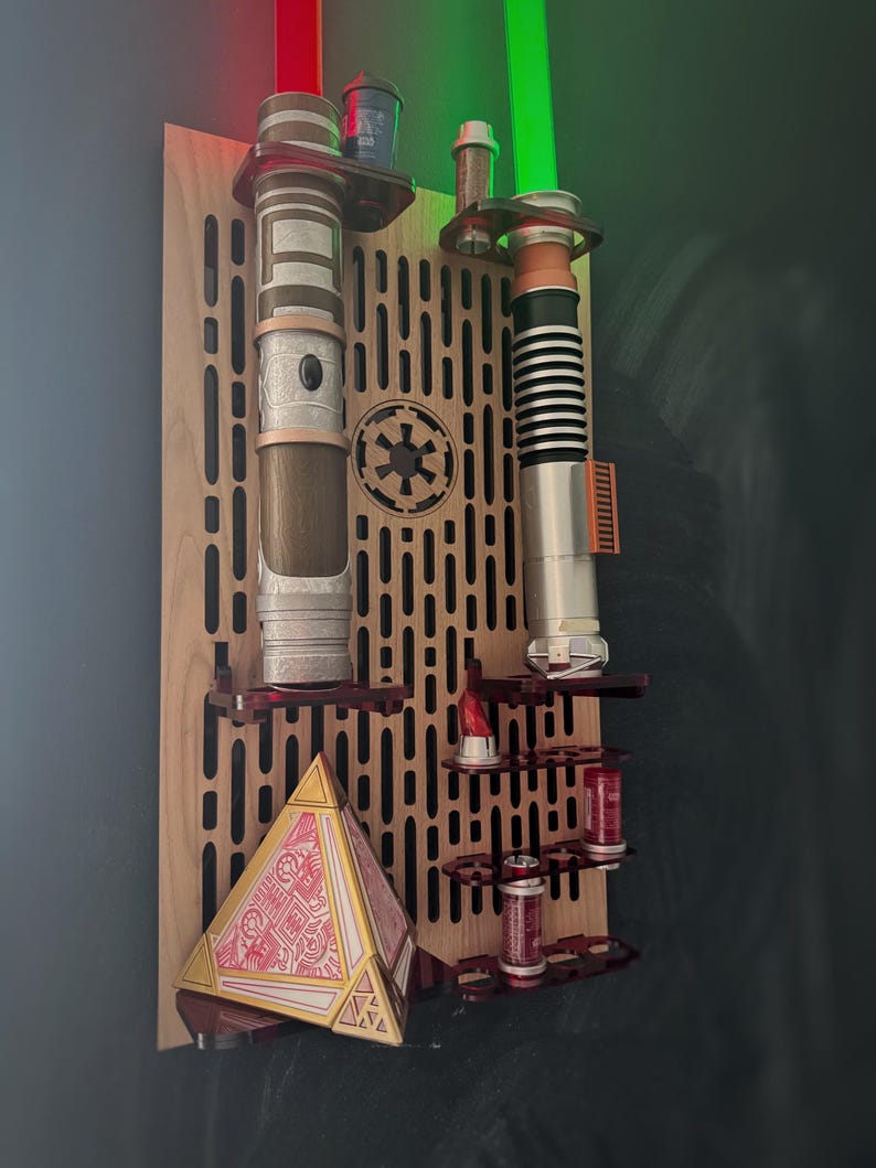 Double Acrylic/ Walnut Wood Lightsaber Stand For Lightsaber Display With Kyber Lightsaber Crystal & Holocron Mount image 1