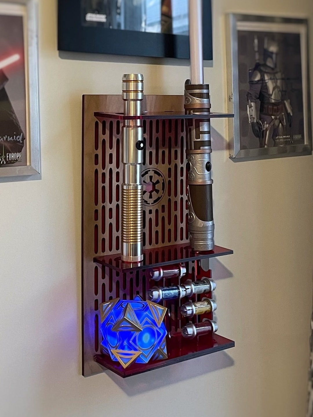 Double Acrylic/ Walnut Wood Lightsaber Stand for Lightsaber Display