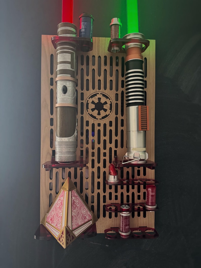 Double Acrylic/ Walnut Wood Lightsaber Stand For Lightsaber Display With Kyber Lightsaber Crystal & Holocron Mount image 3