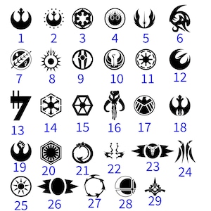 May include: A black and white image showing 29 different Star Wars logos. The logos are numbered 1 through 29.