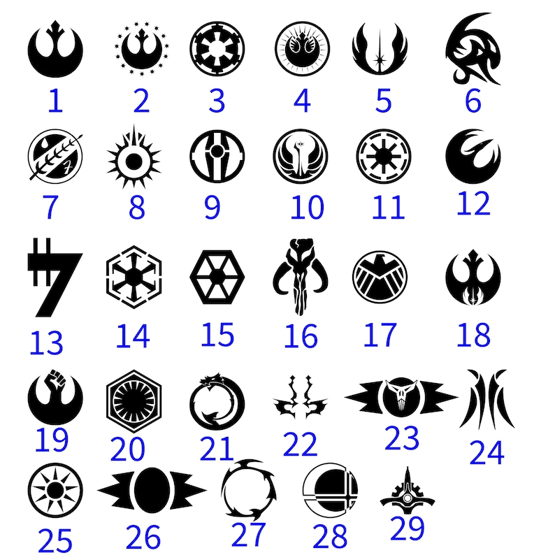May include: A black and white image showing 29 different Star Wars logos. The logos are numbered 1 through 29.