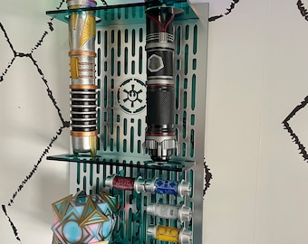 Double Acrylic/ Stainless Steel Looking Acrylic Lightsaber Stand For Lightsaber Display With Kyber Lightsaber Crystal & Holocron Mount