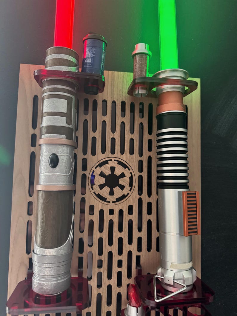 Double Acrylic/ Walnut Wood Lightsaber Stand For Lightsaber Display With Kyber Lightsaber Crystal & Holocron Mount image 7