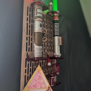 Double Acrylic/ Walnut Wood Lightsaber Stand For Lightsaber Display With Kyber Lightsaber Crystal & Holocron Mount image 8