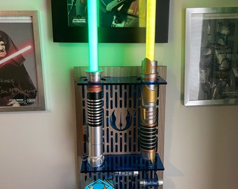 Handcrafted Double Lightsaber Display Stand with Kyber Crystal Holder and Holocron Mount Walnut Wood
