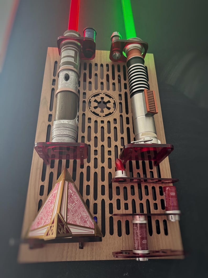 Double Acrylic/ Walnut Wood Lightsaber Stand For Lightsaber Display With Kyber Lightsaber Crystal & Holocron Mount image 5