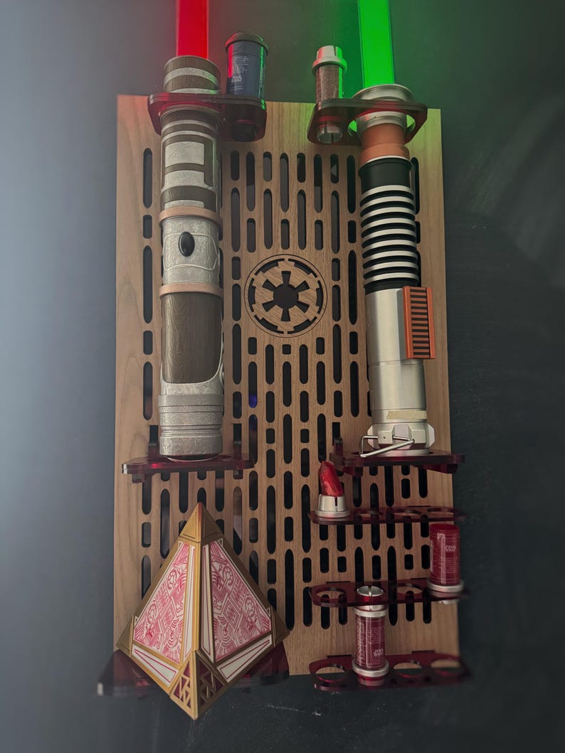 Double Acrylic/ Walnut Wood Lightsaber Stand For Lightsaber Display With Kyber Lightsaber Crystal & Holocron Mount image 10