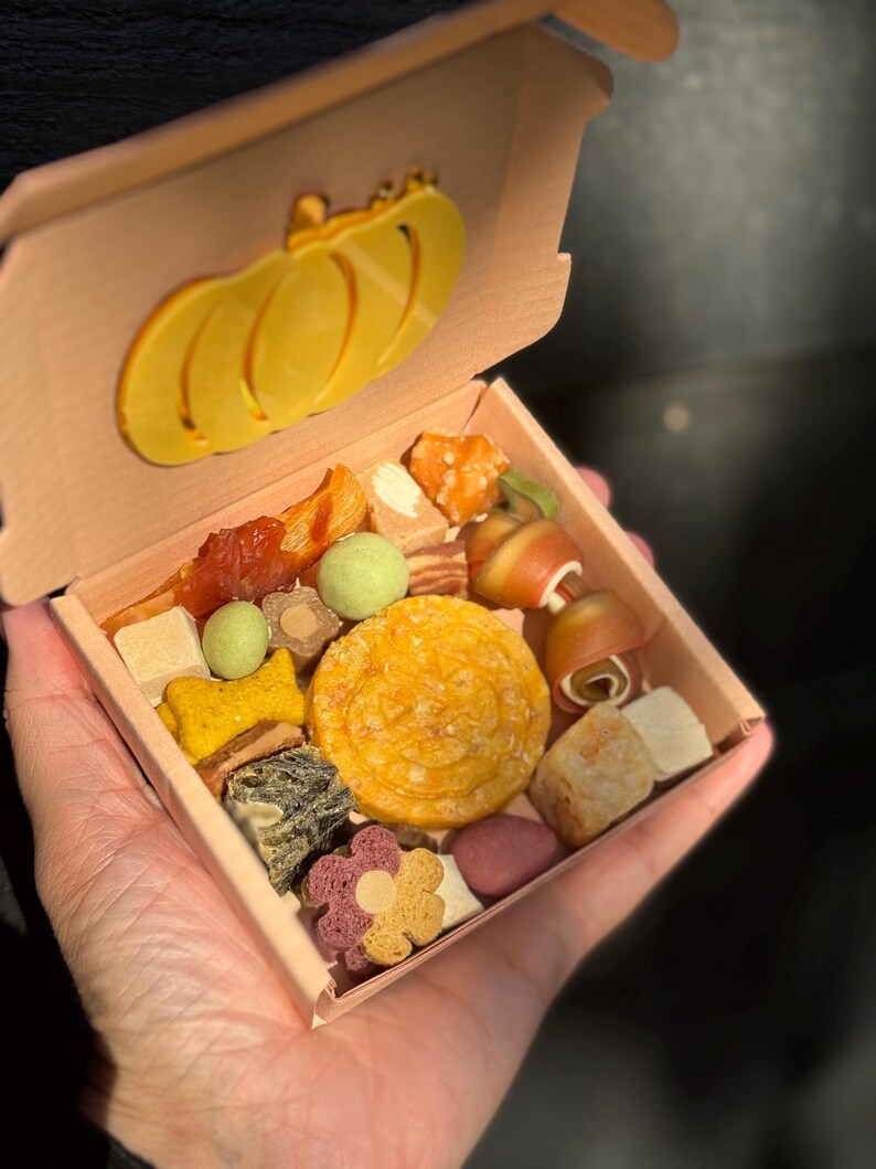 May include: A wooden box filled with assorted dog treats. The box has a pumpkin-shaped embellishment on the lid. The treats are various shapes and colors, including yellow, green, and brown.