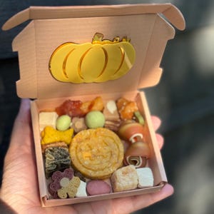May include: A small cardboard box filled with assorted dog treats. The box has a yellow pumpkin-shaped decoration on the front. The treats include a pumpkin-shaped biscuit, bone-shaped treats, and other colorful snacks.