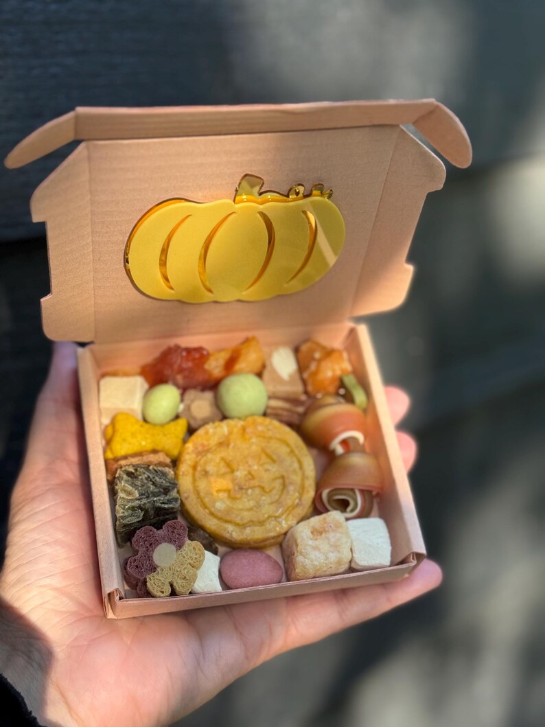 May include: A small cardboard box filled with assorted dog treats. The box has a yellow pumpkin-shaped decoration on the front. The treats include a pumpkin-shaped biscuit, bone-shaped treats, and other colorful snacks.