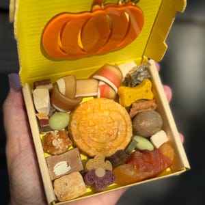 May include: A yellow box filled with various dog treats, including a pumpkin-shaped biscuit and bone-shaped chews. The box has an orange pumpkin cutout on the lid. The treats are in different shapes and colors.