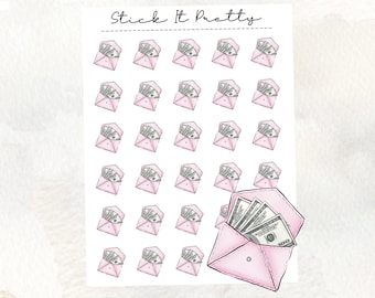 May include: A sheet of planner stickers featuring pink envelopes filled with cash. The stickers have a watercolour style and the text "Stick It Pretty" is at the top. The envelopes are in various sizes and orientations.