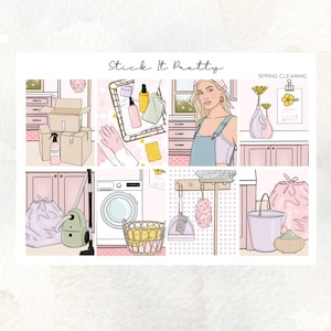 May include: A digital illustration featuring a spring cleaning theme. The image includes boxes, cleaning supplies, a woman, a washing machine, and a calendar. The color palette is soft pink, white, and yellow.