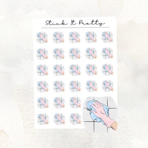 May include: Sheet of stickers showing a hand in a pink glove cleaning a white tiled surface with a blue cloth. The text "Stick It Pretty" is written at the top.