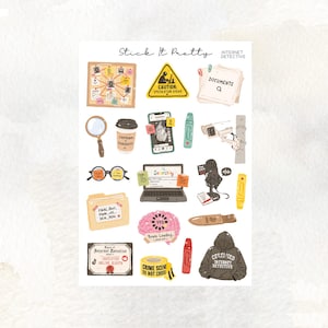 May include: A sticker sheet titled Stick It Pretty Internet Detective featuring illustrations of a corkboard, caution sign, documents, magnifying glass, coffee cup, smartphone, security camera, glasses, laptop, microphone, folder, brain, highlighter, diploma, crime scene tape, and hoodie.
