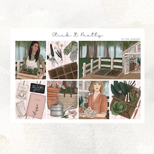 May include: A digital illustration featuring a gardening theme. The image includes a woman holding a wooden crate of vegetables, gardening tools, a greenhouse, and a woman holding flowers. The text "Stick It Pretty" and "In the Garden" are visible.