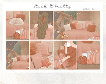 May include: A digital illustration featuring an autumn theme with the text "Stick It Pretty" and "Autumn Sky". The artwork depicts cozy scenes with pumpkins, pillows, candles, and a telescope, all in warm, earthy tones.